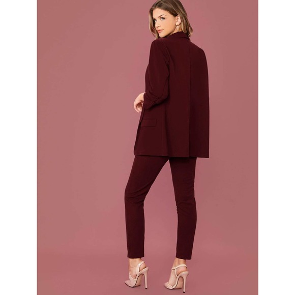 2 piece pantsuit: Shawl Collar Blazer & Paperbag Waist Pants Set green - Picture 7 of 11